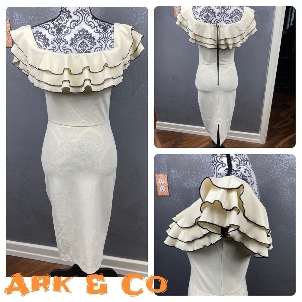 Anthro Ark & Co cream bodycon ruffle neck dress